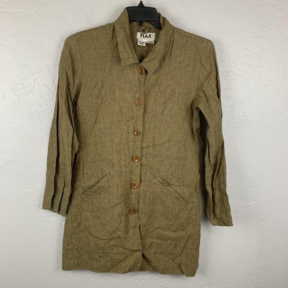 Flax Jacket Womens Small Brown 100% Linen Button Front Coat Pockets Lightweight - Picture 1 of 8